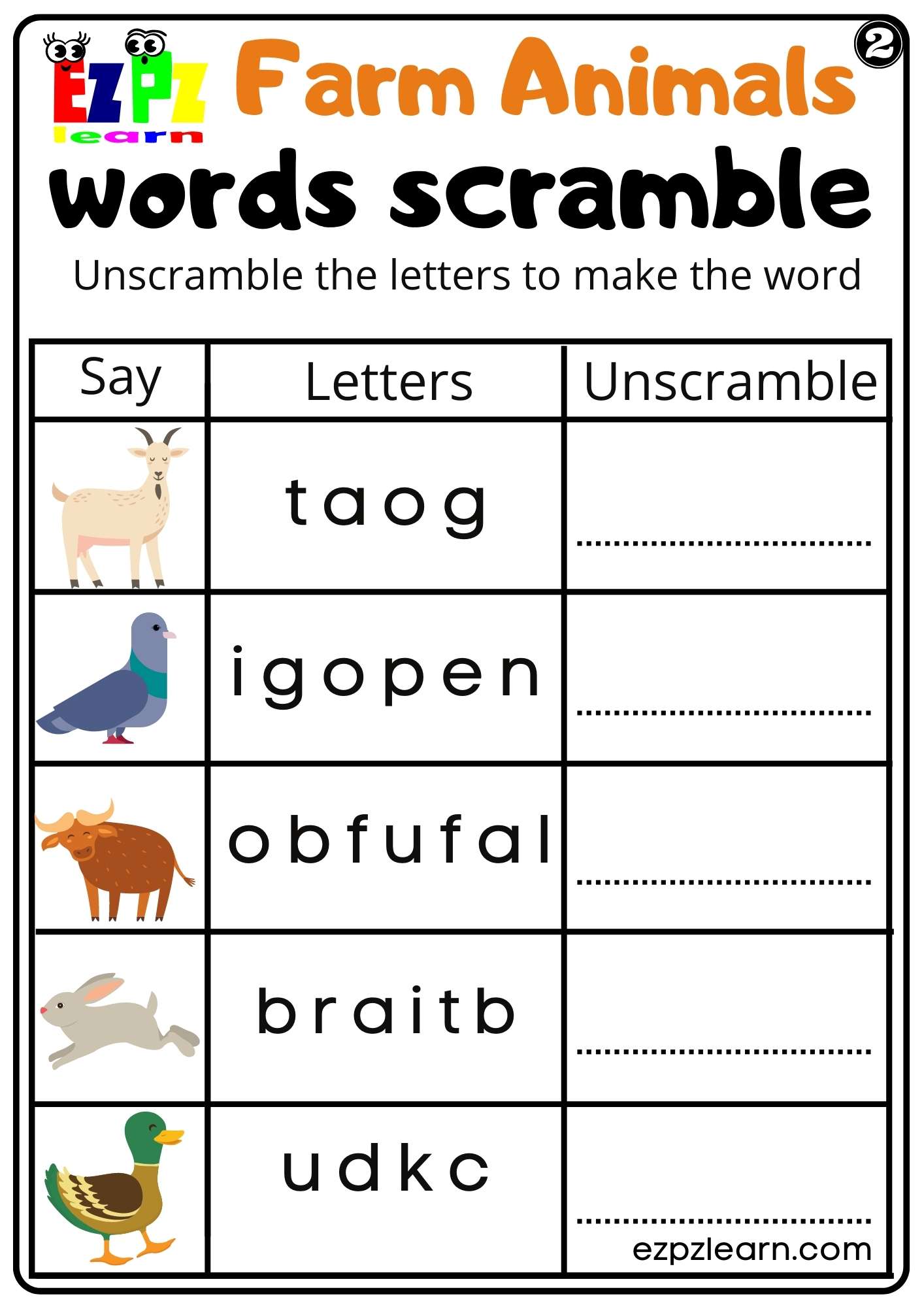 Farm Animals Word Scramble Worksheet for Kindergarten or ESL Students Free PDF Download set 2